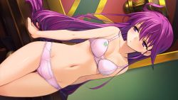Rule 34 | 1girl, bra, breasts, cleavage, closed mouth, collarbone, cowboy shot, dutch angle, game cg, groin, hair between eyes, half-closed eyes, kentou kanami, long hair, navel, orion (orionproject), panties, pink bra, pink panties, purple eyes, purple hair, rance (series), rance ix, shiny skin, small breasts, solo, standing, thigh gap, underwear, underwear only, very long hair