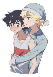 Rule 34 | 2boys, ash ketchum, black hair, blonde hair, blue eyes, blush, brown eyes, clemont (pokemon), collarbone, commentary request, creatures (company), game freak, hat, highres, hug, hug from behind, long sleeves, male focus, multiple boys, nintendo, open mouth, parted lips, pokemon, pokemon (anime), pokemon xy (anime), shirt, short hair, simple background, sleeveless, sleeveless shirt, sweat, tank top, tuze111, white background, yaoi