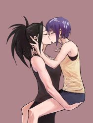 Rule 34 | 2girls, audio jack, black pants, black sports bra, black tank top, blue shorts, boku no hero academia, breasts, carrying, carrying person, closed eyes, hair up, hand on another&#039;s head, hand on another&#039;s neck, highres, jirou kyouka, kiss, large breasts, long earlobes, multiple girls, pants, ponytail, purple hair, short hair, shorts, sports bra, tan background, tank top, vvvmung, yaoyorozu momo, yellow tank top, yuri