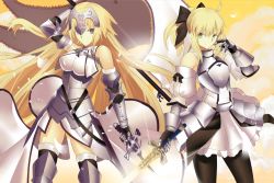 Rule 34 | 2girls, arm up, armor, armored boots, armored dress, artoria pendragon (all), artoria pendragon (fate), banner, black bow, black pantyhose, black thighhighs, blonde hair, boots, bow, breasts, breasts apart, fate/apocrypha, fate (series), floating hair, gauntlets, green eyes, grey eyes, hair bow, high ponytail, holding, holding sword, holding weapon, jeanne d&#039;arc (fate), jeanne d&#039;arc (ruler) (fate), jeanne d&#039;arc (third ascension) (fate), large breasts, long hair, looking at viewer, multiple girls, pantyhose, qiye yue, saber lily, sword, thigh boots, thighhighs, very long hair, weapon