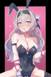 Rule 34 | 1girl, absurdres, animal ears, breasts, collarbone, firefly (honkai: star rail), grey hair, heart, heart-shaped pupils, highres, honkai: star rail, honkai (series), leotard, mouth hold, playboy bunny, rabbit ears, ribbon, sitting, string in mouth, symbol-shaped pupils, tefutefufu, white hair
