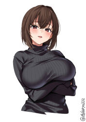 Rule 34 | 1girl, arms under breasts, black sweater, blush, breasts, brown eyes, brown hair, crossed arms, ebifurya, hair between eyes, hair intakes, highres, hyuuga (kancolle), kantai collection, large breasts, long sleeves, looking at viewer, one-hour drawing challenge, parted lips, ribbed sweater, short hair, simple background, sleeves past wrists, smile, solo, sweater, turtleneck, turtleneck sweater, twitter username, upper body, white background