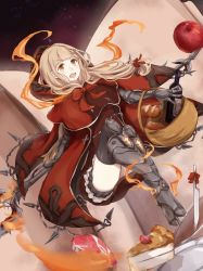 Rule 34 | 1girl, apple, armored boots, aya (jhisaishi), basket, blonde hair, blunt bangs, book, boots, bow, bread, cape, elbow gloves, fire, food, fruit, gloves, hair ornament, hair ribbon, hairclip, happy, highres, holding, holding basket, hood, hood down, knife, long hair, meat, open mouth, orange eyes, red riding hood (sinoalice), ribbon, shorts, sinoalice, solo, thighhighs, zettai ryouiki