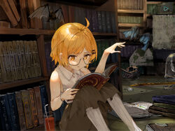 Rule 34 | 1girl, ahoge, animal, bat (animal), blonde hair, blouse, book, bookshelf, broken helmet, commentary request, cup, drinking glass, drinking straw, feathers, funi mu9, glass, glass container, glasses, hair ornament, hairclip, helmet, highres, hololive, indoors, knees up, map, open book, pants, reading, shirt, short hair, sitting, sleeveless, sleeveless shirt, solo, virtual youtuber, yellow eyes, yozora mel