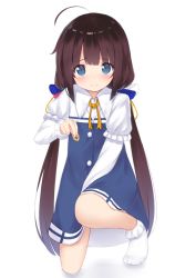 Rule 34 | 1girl, ahoge, blue dress, blue eyes, blush, brown hair, dress, embarrassed, hair ornament, have to pee, highres, hinatsuru ai, holding, kanekan, long hair, long sleeves, looking at viewer, low twintails, orange ribbon, ribbon, ryuuou no oshigoto!, shogi piece, simple background, socks, solo, twintails, very long hair, white background, white socks