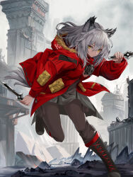 Rule 34 | 1girl, animal ear fluff, animal ears, arknights, black footwear, boots, brown pants, building, closed mouth, cloud, cloudy sky, commentary request, cross-laced footwear, dagger, day, dual wielding, fur-trimmed hood, fur trim, grey hair, grey skirt, hair between eyes, highres, holding, holding dagger, holding knife, holding weapon, hood, hood down, hooded jacket, jacket, knife, lace-up boots, long sleeves, outdoors, pants, projekt red (arknights), red jacket, skirt, sky, solo, standing, standing on one leg, tail, tobi (mylifekei), weapon, yellow eyes