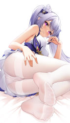Rule 34 | 1girl, armpit crease, ass, bare arms, bare shoulders, breasts, commentary request, cone hair bun, dress, feet, foot focus, fukuro daizi, genshin impact, gusset, hair bun, highres, keqing (genshin impact), long hair, looking at viewer, lying, medium breasts, on side, panties, panties under pantyhose, pantyhose, parted lips, purple eyes, short dress, silver hair, simple background, sleeveless, sleeveless dress, smile, solo, thighband pantyhose, thighs, toes, twintails, underwear, white background, white dress, white panties, white pantyhose