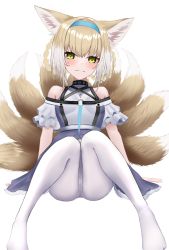 Rule 34 | 1girl, animal ears, arknights, bare shoulders, blue hairband, breasts, cameltoe, closed mouth, clothing cutout, fox ears, fox girl, fox tail, hairband, highres, kitsune, knees together feet apart, knees up, light brown hair, looking at viewer, multicolored hair, no shoes, panties, panties under pantyhose, pantyhose, purple skirt, shirt, shoulder cutout, simple background, skirt, small breasts, solo, suzuran (arknights), tail, tokumeikibo, two-tone hair, underwear, white background, white hair, white panties, white pantyhose, white shirt