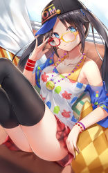 Rule 34 | 1girl, :d, absurdres, adjusting eyewear, armpits, ass, badge, bare shoulders, baseball cap, black hair, black hat, black thighhighs, blue sleeves, blush, bracelet, breasts, button badge, cleavage, clothes writing, collarbone, commentary request, couch, curtains, ginn (hzh770121), glasses, grin, hat, head tilt, highres, idolmaster, idolmaster shiny colors, indoors, jewelry, knees up, leaning back, long hair, medium breasts, mini person, minigirl, mitsumine yuika, necklace, off-shoulder shirt, off shoulder, on couch, open mouth, pillow, plaid, plaid skirt, red-framed eyewear, red skirt, shirt, short sleeves, sitting, skirt, smile, solo, star (symbol), sweatband, teeth, thighhighs, thighs, twintails, white shirt, window, wristband, yellow-framed eyewear