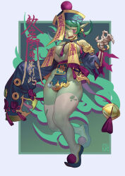 Rule 34 | 1girl, bone, breasts, colored skin, earrings, fang, frown, green hair, green skin, hat, highres, jewelry, jiangshi, large breasts, long sleeves, open mouth, original, poch4n, pointy ears, purple eyes, solo, standing, standing on one leg, talisman, thighhighs, torn clothes, torn thighhighs, white thighhighs, wide sleeves, zombie