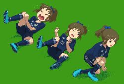 Rule 34 | 1girl, :d, absurdres, brown eyes, brown hair, grass, highres, holding legs, hori yuuko, idolmaster, idolmaster cinderella girls, multiple views, negy, one eye closed, open mouth, ponytail, rolling, sequential, shorts, smile, soccer, soccer uniform, sportswear, tears, uniform, world cup