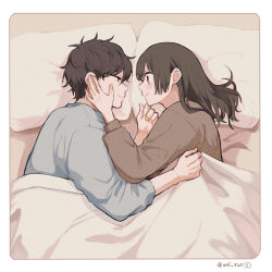 Rule 34 | 1boy, 1girl, blue sweater, blush, brown eyes, brown hair, brown sweater, closed mouth, commentary, couple, dango (uni 520), eye contact, hand on another&#039;s face, hetero, indoors, long hair, looking at another, on bed, original, pajamas, pillow, short hair, smile, sweater, under covers