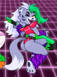 Rule 34 | animal ears, ass, cropped, five nights at freddy&#039;s, five nights at freddy&#039;s: security breach, furry, furry female, green nails, grey fur, highres, jen lum, long hair, one eye closed, panties, purple lips, red panties, roxanne wolf (fnaf), tail, thighs, underwear, white hair, wolf ears, wolf girl, wolf tail, yellow eyes