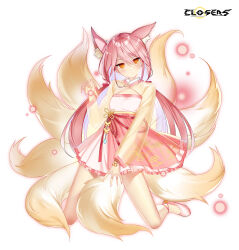 Rule 34 | 1girl, alternate hair color, animal ear fluff, animal ears, ankle bell, claw pose, cleavage cutout, closers, clothing cutout, copyright name, dot mouth, dress, expressionless, fingernails, flat chest, fox ears, fox girl, fox tail, full body, hand up, head tilt, highres, kitsune, kneeling, kyuubi, layered dress, light particles, logo, long fingernails, long hair, long sleeves, looking at viewer, low twintails, multiple tails, no pupils, official art, orange eyes, pink dress, pink hair, see-through, see-through sleeves, solo, tachi-e, tail, tina (closers), twintails, two-tone dress, white background, white footwear, yellow dress, yellow sleeves, yellow tail