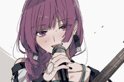 Rule 34 | 1girl, black nails, blush, bocchi the rock!, braid, collarbone, dress, earrings, enu (brandnewday02), fang, green dress, highres, hiroi kikuri, holding, holding instrument, holding microphone, instrument, jacket, jewelry, long hair, long sleeves, looking at viewer, microphone, music, nail polish, open clothes, open jacket, open mouth, parted lips, purple eyes, purple hair, simple background, singing, single bare shoulder, solo, sweat, tassel, tassel earrings, upper body, white background