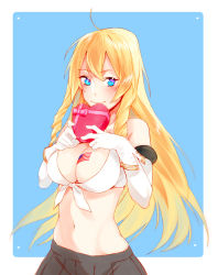 Rule 34 | 1girl, ahoge, american flag, bad id, bad pixiv id, bare shoulders, blonde hair, blue background, blue eyes, blush, box, breasts, cleavage, detached sleeves, drill hair, gloves, heart-shaped box, highres, large breasts, long hair, looking at viewer, midriff, navel, shirt, sirloinrho, skirt, smile, solo, tied shirt, valentine, warship girls r, wichita (warship girls r)
