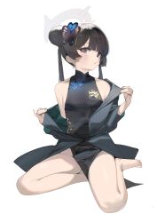 Rule 34 | 1girl, absurdres, bare legs, barefoot, black dress, black hair, blue archive, blue eyes, blush, braid, braided bun, breasts, china dress, chinese clothes, clothes pull, coat, double bun, dragon print, dress, hair bun, highres, kisaki (blue archive), long hair, looking at viewer, off shoulder, pelvic curtain, pinstripe pattern, print dress, prossss, red pupils, simple background, sitting, small breasts, solo, strapless, strapless dress, striped coat, vertical-striped coat, white background, yokozuwari
