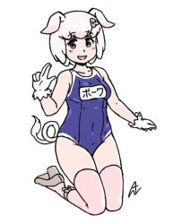 Rule 34 | 1girl, acesrulez, adapted costume, animal ears, bare shoulders, blue one-piece swimsuit, blush, collarbone, commentary request, gloves, grey eyes, kemono friends, kneeling, name tag, one-piece swimsuit, pig (kemono friends), pig ears, pig girl, pig nose, pig tail, pink hair, pink thighhighs, school swimsuit, short hair, sleeveless, solo, swimsuit, tail, thighhighs, white gloves, zettai ryouiki