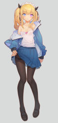 Rule 34 | 1girl, black footwear, black pantyhose, blonde hair, blue jacket, blue skirt, breasts, camisole, clothes lift, grey background, heterochromia, highres, jacket, legs, lifted by self, long hair, maid headdress, off shoulder, original, pantyhose, ribbon, shoes, simple background, skirt, skirt lift, small breasts, solo, strap slip, thigh gap, thighband pantyhose, thighs, twintails, white camisole, yu li
