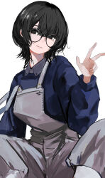 Rule 34 | .noz, 1girl, absurdres, black-framed eyewear, black eyes, black hair, blue sweater, blunt bangs, closed mouth, collared shirt, commentary request, feet out of frame, glasses, grey overalls, grey pants, grey shirt, hair behind eyewear, hair between eyes, head tilt, highres, light smile, long bangs, long sleeves, looking at viewer, medium hair, mole, mole under eye, mole under mouth, original, overalls, pants, pants tucked in, round eyewear, shirt, simple background, sitting, strap slip, sweater, w, white background, white footwear