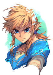 Rule 34 | 1boy, blonde hair, blue eyes, blue tunic, clenched teeth, earrings, hungry clicker, jewelry, link, long hair, looking at viewer, low ponytail, male focus, nintendo, outstretched arm, pointy ears, portrait, shirt, sidelocks, solo, teeth, the legend of zelda, the legend of zelda: breath of the wild, white shirt