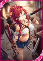 Rule 34 | 1girl, akkijin, aqua eyes, bare shoulders, blacksmith, blue skirt, box, braid, breasts, card (medium), frilled skirt, frills, gloves, hammer, indoors, large breasts, long hair, looking at viewer, official art, open mouth, red hair, shinkai no valkyrie, skirt, solo, standing, sword, underboob, weapon