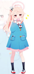 Rule 34 | 1girl, absurdres, akiyuki nagi, black socks, blue archive, blue shirt, blush, candy, cupcake, eating, food, full body, hair flaps, halo, highres, holding, holding candy, holding food, holding lollipop, kindergarten uniform, lollipop, long sleeves, mary janes, name tag, natsu (blue archive), phone, pink hair, pink halo, pink skirt, pocket, puffy long sleeves, puffy sleeves, red eyes, shirt, shoes, side ponytail, simple background, skirt, socks, solo, sparkle, star ornament, swirl lollipop, white background, white footwear, zoom layer