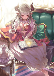 Rule 34 | 10s, 1girl, absurdres, alicia (granblue fantasy), barefoot, blush, book, breasts, ceda (dace), cleavage, couch, cow girl, cow horns, cup, draph, dress, earrings, female focus, flower, from above, gloves, granblue fantasy, highres, horns, jewelry, large breasts, long hair, long skirt, looking down, open book, pillow, pointy ears, reading, red eyes, silver hair, sitting, skirt, smile, solo, tea, teacup, teapot, underboob, white gloves