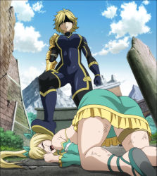 Rule 34 | 2girls, ass, blonde hair, breasts, dimaria yesta, fairy tail, foot on head, highres, large breasts, lucy heartfilia, multiple girls, screencap, sky, stepped on, top-down bottom-up
