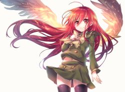 Rule 34 | 1girl, ahoge, alastor (shakugan no shana), anniversary, black thighhighs, blush, bow, hand on own chest, jewelry, ks (xephyrks), long hair, long sleeves, navel, necklace, pendant, red eyes, red hair, school uniform, serafuku, shakugan no shana, shana, shirt, skirt, skirt set, smile, solo, thighhighs, very long hair, wind, wind lift, wings, zettai ryouiki