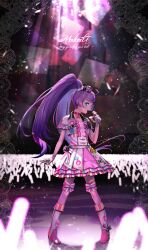 Rule 34 | 1girl, absurdres, ahoge, audience, boots, center frills, commentary request, concert, cropped jacket, dress, frills, full body, gloves, glowstick, green eyes, hand up, highres, holding, holding microphone, idol, idol clothes, jacket, knee boots, legs apart, light particles, long hair, looking at viewer, manaka laala, microphone, music, nishioka tomozou, open mouth, penlight (glowstick), pink dress, pretty series, pripara, profile, purple hair, singing, smile, stage, stage lights, standing, striped clothes, striped dress, twintails, very long hair, white gloves, white jacket