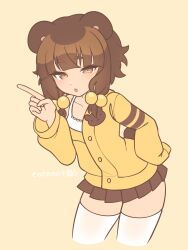 Rule 34 | 1girl, animal ears, artist name, bear ears, bear girl, bear tail, blunt bangs, brown eyes, brown hair, brown skirt, brown tail, camisole, cardigan, cropped legs, hair bobbles, hair ornament, hand on own hip, highres, index finger raised, kumiko (coconat003), leaning forward, long sleeves, looking at viewer, miniskirt, nat (coconat003), original, parted lips, pleated skirt, short hair, simple background, skirt, solo, tail, thighhighs, white camisole, white thighhighs, yellow background, yellow cardigan