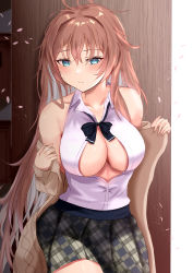 Rule 34 | 1girl, absurdres, akuakuran, azur lane, bare shoulders, beige cardigan, black bow, black bowtie, black skirt, blue eyes, blush, bookshelf, bow, bowtie, breasts, breasts apart, brown cardigan, brown hair, cardigan, cleavage, collared shirt, falling leaves, highres, impero (azur lane), impero (languid librarian) (azur lane), leaf, long hair, looking to the side, loose bowtie, medium breasts, miniskirt, official alternate costume, plaid, plaid skirt, plant, potted plant, shirt, skirt, sleeveless, sleeveless shirt, solo, sweater, uniform, very long hair, white shirt