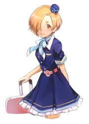 Rule 34 | 1girl, aqua bow, arm behind back, bad id, bad pixiv id, belt, blonde hair, blue dress, blue hat, bow, bowtie, brown eyes, buttons, collared dress, cowboy shot, dress, earrings, flight attendant, frilled dress, frills, from side, garrison cap, hair over one eye, hat, highres, holding, idolmaster, idolmaster cinderella girls, idolmaster cinderella girls starlight stage, jewelry, leaning forward, light smile, looking at viewer, namunamu (kkyyao), no earrings, red belt, shirasaka koume, short eyebrows, short hair, short sleeves, simple background, solo, standing, suitcase, tareme, travel attendant, white background