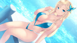 Rule 34 | 1girl, bare shoulders, blonde hair, blue eyes, boku wa tomodachi ga sukunai, breasts, butterfly hair ornament, cait aron, cleavage, closed mouth, collarbone, feet out of frame, hair ornament, hand in own hair, highres, kashiwazaki sena, large breasts, long hair, looking at viewer, monokini, navel, outdoors, sideboob, sitting, smile, swimsuit, thighs, water