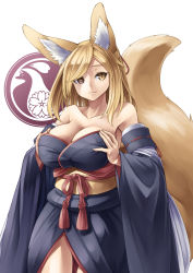 Rule 34 | 1girl, animal ear fluff, animal ears, bare shoulders, blonde hair, breasts, cleavage, collarbone, detached sleeves, facing viewer, fox ears, fox tail, hands on own chest, highres, japanese clothes, kazuki seihou, large breasts, long hair, obi, off shoulder, original, sash, smile, solo, swept bangs, tail, touka (kazuki seihou)