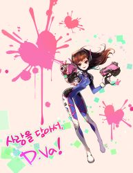 Rule 34 | 1girl, animal print, arched back, armor, artist name, bodysuit, boots, bracer, breasts, brown eyes, brown hair, character name, charm (object), d.va (overwatch), dual wielding, emblem, eyebrows, facial mark, finger on trigger, full body, gloves, gun, handgun, hands up, headphones, heart, hetchi, holding, holding gun, holding weapon, korean text, leaning forward, legs apart, logo, long hair, long sleeves, matching hair/eyes, medium breasts, overwatch, overwatch 1, pauldrons, pilot suit, pointing, rabbit print, ribbed bodysuit, shoulder armor, shoulder pads, skin tight, smile, solo, thigh boots, thigh strap, thighhighs, turtleneck, weapon, whisker markings, white footwear, white gloves