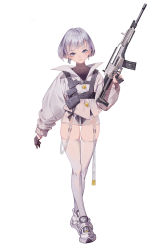 Rule 34 | 1girl, absurdres, badao zhu ge, black gloves, blue eyes, closed mouth, earrings, full body, gloves, gluteal fold, gun, half gloves, highres, holding, holding gun, holding weapon, jacket, jewelry, long sleeves, looking at viewer, medium hair, original, puffy sleeves, shoes, short hair, silver hair, simple background, single glove, sneakers, solo, standing, thighhighs, v-shaped eyebrows, weapon, weapon request, white background