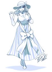 Rule 34 | 1girl, bliss barson, bracelet, breasts, cleavage, cryamore, dress, eyeshadow, hat, highres, jewelry, large breasts, long dress, long hair, makeup, mole, monochrome, necklace, one eye closed, ribbon, ring, robaato, sash, sketch, smile, solo, striped, sun hat, vertical stripes, wink