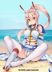 Rule 34 | ayanami (azur lane), azur lane, bad id, bad pixiv id, bandaid, bandaid on arm, bare shoulders, bdsm, beach, blonde hair, blush, bondage, bound, breasts, chinese commentary, choker, closed mouth, collarbone, commentary request, day, detached sleeves, feet, full-face blush, full body, haimei1980, headgear, long hair, long sleeves, looking at viewer, medium breasts, midriff, ocean, orange eyes, outdoors, panties, pixiv id, ponytail, restrained, retrofit (azur lane), rope, sailor collar, sand, sexually suggestive, shibari, shibari over clothes, sidelocks, sitting, sleeves past fingers, sleeves past wrists, smile, thighhighs, torpedo, twitter username, underwear, water, white thighhighs, wide sleeves