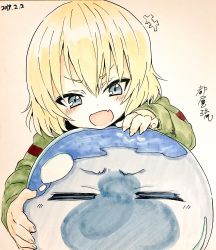 Rule 34 | +++, 1girl, :d, = =, artist name, blonde hair, blue eyes, blush, commentary, crossover, dated, fang, girls und panzer, green jumpsuit, highres, jumpsuit, katyusha (girls und panzer), light blush, long sleeves, miyao ryuu, on person, open mouth, photo (object), pravda military uniform, rimuru tempest, short hair, signature, skin fang, slime (creature), smile, tensei shitara slime datta ken, traditional media, translated, v-shaped eyebrows