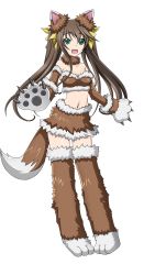 Rule 34 | 10s, 1girl, animal costume, animal ears, brown hair, brown legwear, brown skirt, collarbone, detached sleeves, eyebrows, fake animal ears, fang, full body, green eyes, hair ribbon, highres, huang lingyin, infinite stratos, long hair, looking at viewer, midriff, navel, open mouth, ribbon, skirt, solo, strapless, tail, transparent background, twintails, wolf costume, wolf ears, wolf tail, yellow ribbon