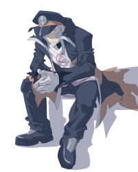 Rule 34 | 1boy, black coat, black footwear, black hat, black pants, closed mouth, coat, creatures (company), facial hair, full body, game freak, gloves, grey eyes, grey hair, hat, highres, ingo (pokemon), long sleeves, looking to the side, male focus, nintendo, own hands together, pants, peaked cap, pearl clan outfit, pokemon, pokemon legends: arceus, rollingstonex6, shoes, short hair, sideburns, sitting, solo, spread legs, torn clothes, torn coat, white background, white gloves