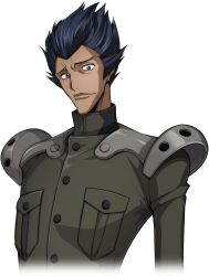 Rule 34 | 1boy, arm at side, armor, artist request, blue hair, breast pocket, buttons, closed mouth, code geass, code geass: lost stories, cropped torso, game cg, green jacket, grey eyes, highres, jacket, long sleeves, looking at viewer, male focus, military uniform, non-web source, official art, pocket, short hair, shoulder armor, simple background, solo, spiked hair, standing, transparent background, uniform, upper body, urabe kousetsu
