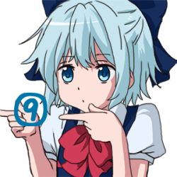Rule 34 | 10s, 1girl, animated, animated gif, blue eyes, blue hair, bow, chuunibyou demo koi ga shitai!, circled 9, cirno, dress, dress shirt, hair bow, lowres, matching hair/eyes, parody, pointing, puffy short sleeves, puffy sleeves, red ribbon, ribbon, shirt, short hair, short sleeves, simple background, solo, sparkling daydream, touhou, upper body, white background, white shirt