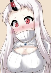 Rule 34 | 10s, 1girl, abyssal ship, alternate costume, blush, breasts, cleavage, cleavage cutout, clothing cutout, covered mouth, dress, horns, jewelry, kantai collection, large breasts, long hair, looking at viewer, meme attire, necklace, open-chest sweater, pale skin, red eyes, ribbed dress, ribbed sweater, seaport princess, silver hair, single horn, solo, sweat, sweater, turtleneck, yamato nadeshiko