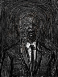 Rule 34 | 1boy, bad id, bad pixiv id, business suit, creepy, fine art parody, formal, greyscale, highres, horror (theme), male focus, monochrome, nababa, necktie, no eyes, parody, solo, suit, traditional media, what