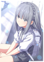 Rule 34 | 1girl, absurdres, backpack, bag, blurry, bokeh, border, braid, closed mouth, crown braid, depth of field, dot nose, from side, grey bag, grey eyes, grey hair, grey ribbon, grey shorts, high-waist shorts, highres, light particles, long hair, looking at viewer, looking to the side, neck ribbon, original, puffy short sleeves, puffy sleeves, randoseru, ribbon, sekina, shirt, short shorts, short sleeves, shorts, sitting, solo, white border, white shirt