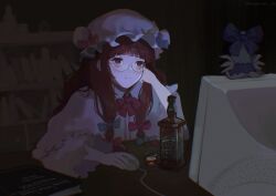 Rule 34 | 1girl, alcohol, blue bow, book, bottle, bow, bowtie, cirno, collared shirt, crescent, crescent hat ornament, crewmate (among us), dark, fumo (doll), glasses, hat, hat ornament, highres, indoors, long hair, long sleeves, mob cap, monitor, mouse (computer), patchouli knowledge, pink bow, pink bowtie, purple eyes, purple hair, russian text, shirt, table, tangerine 93, touhou, translation request
