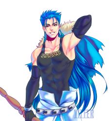 Rule 34 | 1boy, arm behind back, armpits, artist name, belt, biceps, blue hair, bracelet, capelet, collarbone, cu chulainn (fate), cu chulainn (caster) (fate), earrings, elbow gloves, fangs, fate/grand order, fate (series), fur-trimmed capelet, fur trim, gloves, grin, highres, holding, holding staff, jewelry, cu chulainn (fate/stay night), long hair, looking at viewer, male focus, multiple piercings, pectorals, red eyes, removing cape, simple background, skin tight, slit pupils, smile, solo, spiked hair, staff, tank top, type-moon, vitter, white background